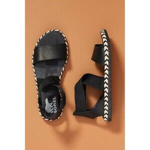 Women's SOREL Ella II Anthropologie Black Leather Criss Cross Sandals SZ 7